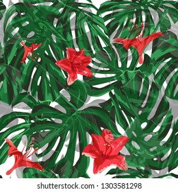 Exotic Flowers. Exotic Palm Greenery Backdrop. Summer Design for Swimwear. Seamless Illustration. Exotic Flowers and Leaves Print.