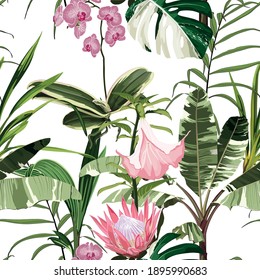 Exotische Blumenmuster. Viele exotische tropische Blumen und Blätter im Sommer. Hawaiian T-Shirt und Badebekleidung Fliesen.  Übernatürliches botanisches Design.