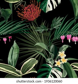 Exotic flowers pattern. Many kind of exotic tropical flowers and palm leaves in summer print. Hawaiian t-shirt and swimwear tile. Black background.