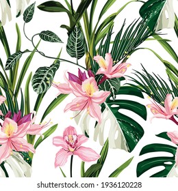Exotic flowers pattern. Pink Oleander Rhododendron tropical flowers and palm leaves in summer print. Hawaiian t-shirt and swimwear tile. 