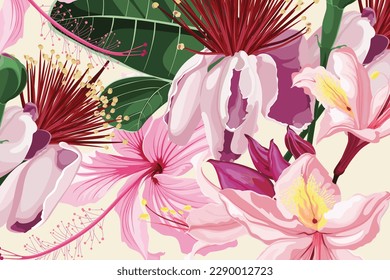 Exotic flowers pattern. Pink Oleander Rhododendron tropical, hibiscus flowers in summer print. Hawaiian t-shirt and swimwear tile. 