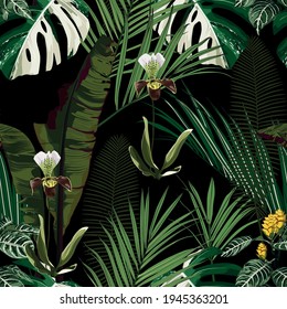 Exotic flowers pattern. Tropical flowers and palm leaves in summer print. Hawaiian t-shirt and swimwear tile. Black background.