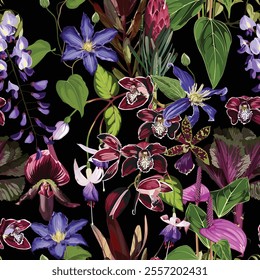 Exotic flowers pattern. Violet tropical flowers and palm leaves in summer print. Hawaiian t-shirt and swimwear tile. 