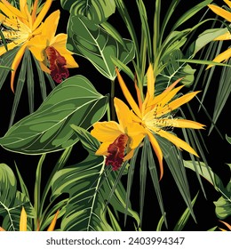 Exotic flowers pattern. Yellow orchid and cacti tropical flowers and palm leaves in summer print. Hawaiian t-shirt and swimwear tile. 