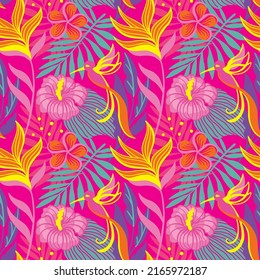 Exotic flowers and plants. Hummingbird, summer print. Seamless pattern for fabric, wrapping, textile, wallpaper, clothes. Vector.
