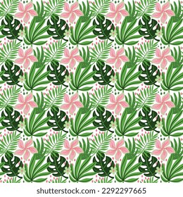 Exotic flowers and plants rainforest. Summer print. Vector.