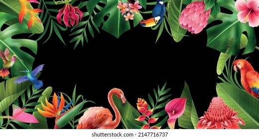 Exotic flowers realistic horizontal frame with tropical beauty symbols vector illustration