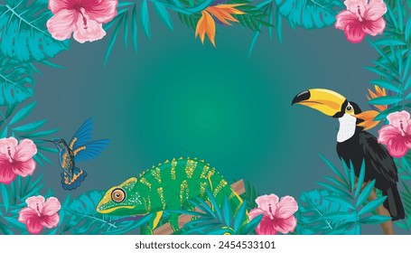 Exotic flowers realistic horizontal frame with tropical beauty symbols vector illustration