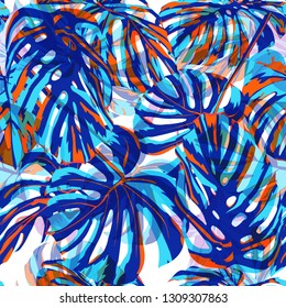 Exotic Flowers. Repeat Illustration. Summer Design for Swimwear. Exotic Palm Greenery Backdrop. Exotic Flowers and Leaves Print.