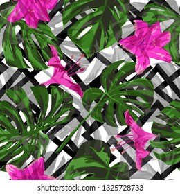 Exotic Flowers. Repeatable Illustration. Exotic Palm Greenery Backdrop. Summer Design for Swimwear. Exotic Flowers and Leaves Print.
