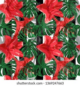 Exotic Flowers. Repeatable Illustration. Exotic Palm Greenery Backdrop. Summer Design for Swimwear. Exotic Flowers and Leaves Print.