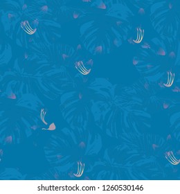Exotic Flowers. Seamless Pattern with Australian Rainforest. Vintage Texture with Exotic Leaves and Flowers for, Dress, Underwear, Paper. Vector Seamless Pattern with Exotic Flowers