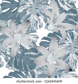 Exotic Flowers. Seamless Pattern with Australian Rainforest. Trendy Texture with Exotic Leaves and Flowers for, Wallpaper, Tablecloth, Underwear. Vector Seamless Pattern with Exotic Flowers