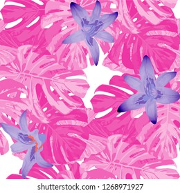 Exotic Flowers. Seamless Pattern with Australian Jungle. Vintage Texture with Exotic Leaves and Flowers for, Dress, Curtain, Wallpaper. Vector Seamless Pattern with Exotic Flowers