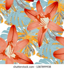 Exotic Flowers. Seamless Pattern with Hawaiian Rainforest. Vintage Texture with Exotic Leaves and Flowers for, Wallpaper, Paper, Dress. Vector Seamless Pattern with Exotic Flowers