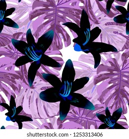 Exotic Flowers. Seamless Pattern with Indian Jungle. Modern Colorful Texture with Tropical Leaves and Flowers for Fabric, Cloth, Textile. Vector Seamless Background.