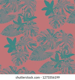 Exotic Flowers. Seamless Pattern with Indian Rainforest. Retro Texture with Exotic Leaves and Flowers for, Swimwear, Underwear, Paper. Vector Seamless Pattern with Exotic Flowers