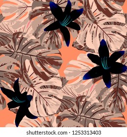 Exotic Flowers. Seamless Pattern with Indonesian Rainforest. Vintage Colorful Texture with Tropical Leaves and Flowers for Dress, Curtain, Paper. Vector Seamless Background.