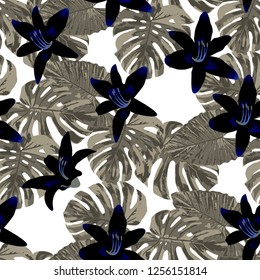 Exotic Flowers. Seamless Pattern with Indonesian Rainforest. Retro Texture with Exotic Leaves and Flowers for, Dress, Tablecloth, Cloth. Vector Seamless Pattern with Exotic Flowers