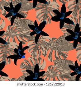 Exotic Flowers. Seamless Pattern with Indonesian Rainforest. Trendy Texture with Exotic Leaves and Flowers for, Paper, Fabric, Tablecloth. Vector Seamless Pattern with Exotic Flowers