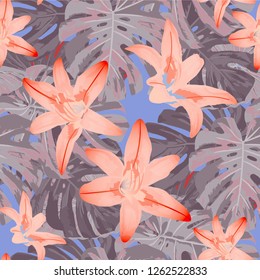 Exotic Flowers. Seamless Pattern with Indonesian Rainforest. Modern Texture with Exotic Leaves and Flowers for, Curtain, Cloth, Swimwear. Vector Seamless Pattern with Exotic Flowers