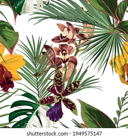 Exotic flowers seamless pattern. Tropical yellow brown orchid flowers and palm leaves in summer print. Hawaiian t-shirt and swimwear tile. white background.