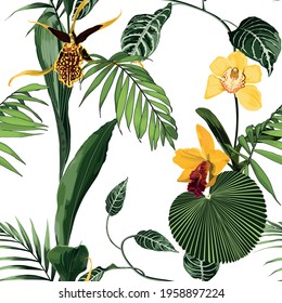 Exotic flowers seamless pattern. Tropical yellow green orchid flowers and palm leaves in summer print. Hawaiian t-shirt and swimwear tile. White background.