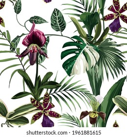 Exotic flowers seamless pattern. Tropical volet bordo orchid flowers and palm leaves in summer print. Hawaiian t-shirt and swimwear tile. White background.