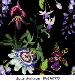 Exotic flowers seamless pattern. Tropical violet bordo orchids, passiflora, wisteria flowers and palm leaves in summer print. Hawaiian t-shirt and swimwear tile. White background.