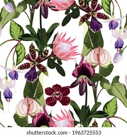Exotic flowers seamless pattern. Tropical violet bordo orchids, protea, callas flowers and palm leaves in summer print. Hawaiian t-shirt and swimwear tile. White background.