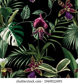 Exotic flowers seamless pattern. Tropical violet bordo orchid flowers and palm leaves in summer print. Hawaiian t-shirt and swimwear tile. Black background.