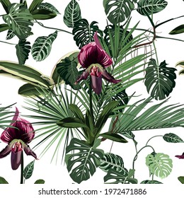 Exotic flowers seamless pattern. Tropical violet bordo orchid flowers and palm leaves in summer print. Hawaiian t-shirt and swimwear tile. White background.