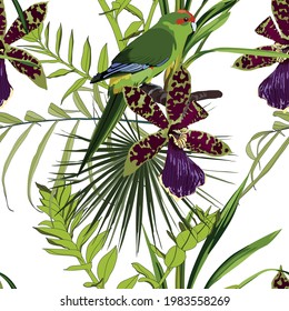 Exotic flowers seamless pattern. Tropical violet green orchid flowers, green parrot and palm leaves in summer print. Hawaiian t-shirt and swimwear tile. White background.