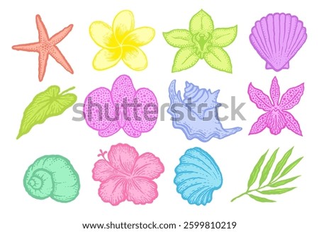 Exotic flowers and seashells bright decorative sketches set. Ink hand drawn color vector illustration on white background.