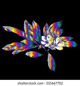 Exotic flowers set. Botanical vector vintage illustration. Holographic. Disco. Trend.