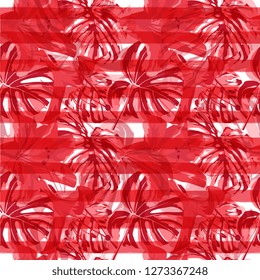 Exotic Flowers. Summer Design for Swimwear. Repeat Illustration. Exotic Palm Greenery Backdrop. Exotic Flowers and Leaves Print.