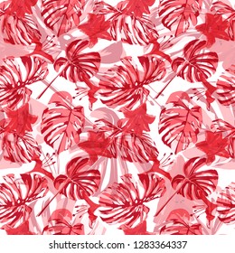 Exotic Flowers. Summer Design for Swimwear. Exotic Palm Greenery Backdrop. Seamless Illustration. Exotic Flowers and Leaves Print.