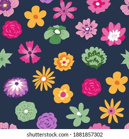 Exotic flowers and tropical blossom seamless pattern. Hawaiian decorative flora, wallpaper or background. Print for card or wrapping paper. Textile with roses ornaments. Vector in flat style