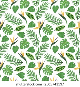 Exotic flowers and tropical leaves seamless pattern. Flat style vector illustrated background