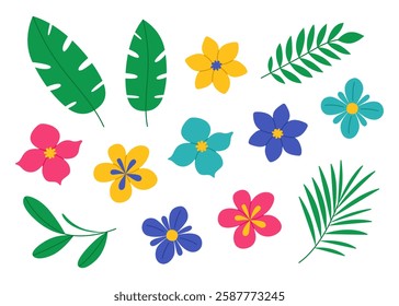 Exotic flowers and tropical leaves set. Palm and banana branch, plumeria and other. Colorful summer collection. Wild jungle greenery. Vector flat illustration isolated on white background