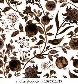 Exotic flowers waratah, fruits garnet, apples, birds. Seamless vector floral pattern. Vintage style. Illustration for luxury textile, paper, case phone, cover. Copper, black and white background.