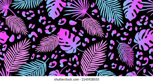 Exotic fluorescent palm leaves and leopard texture seamless pattern. vector wallpaper. Tropical neon gradient background. Futuristic digital. 