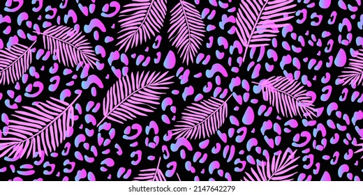Hojas de palma fluorescentes exóticas y textura leopardo sin fisuras. Fondo del degradado de neón tropical. Futurista digital. Papel de pantalla. 