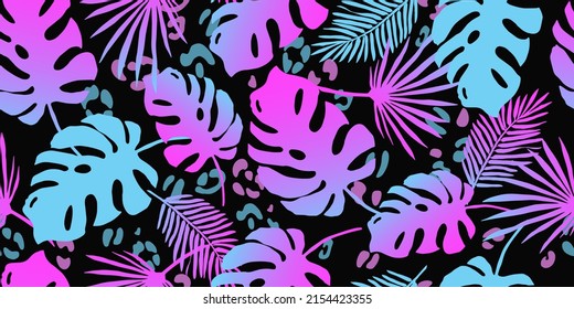 Exotic fluorescent palm leaves and leopard texture seamless pattern. vector wallpaper. Tropical neon gradient background. Futuristic digital. 