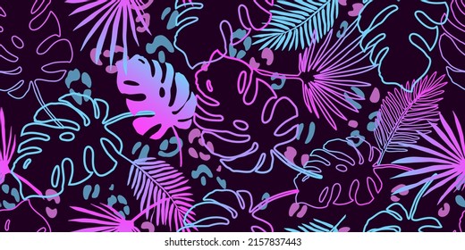 Exotic fluorescent palm leaves and leopard texture seamless pattern. vector wallpaper. Tropical neon gradient background. Futuristic digital.