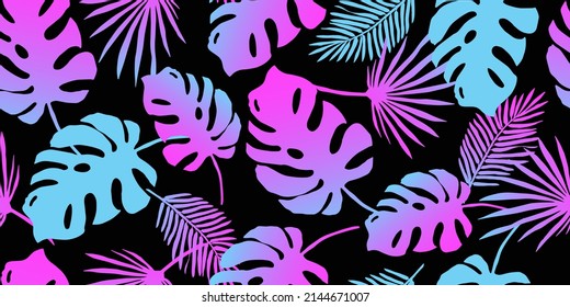 Exotic fluorescent with palm leaves seamless pattern. vector wallpaper. Tropical neon gradient background. Futuristic digital.