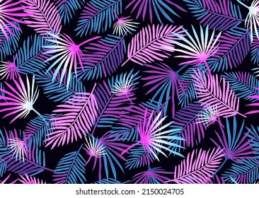 Exotic fluorescent palm leaves seamless pattern. Tropical neon gradient background. Futuristic digital vector wallpaper. 