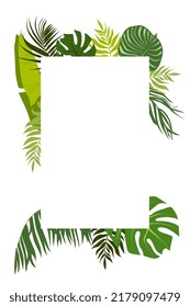 Exotic flyer or poster template with green leaves of jungle plants and place for text. Vertical summer backdrop or background with foliage. Tropical botanical illustration in vintage style.