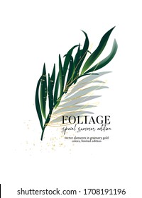 Exotic foliage floral decoration with golden leaves, shadows, modern nature art. Botanical nature leaf banner in vector .