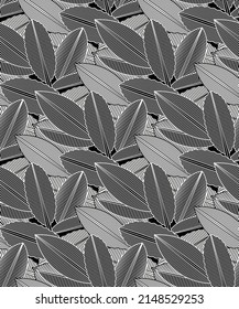 Follaje exótico y palmeras. Vector sin fisuras de banano blanco negro patrón de hojas. Diseño de papel pintado de plátanos frutales vintage. Ilustración botánica tropical exótica vegetal. Palmeras de la jungla. 
